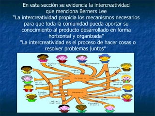 En esta sección se evidencia la intercreatividad que menciona Berners Lee “La intercreatividad propicia los mecanismos necesarios para que toda la comunidad pueda aportar su conocimiento al producto desarrollado en forma horizontal y organizada”   “La intercreatividad es el proceso de hacer cosas o resolver problemas juntos”  