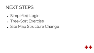 NEXT STEPS
● Simplified Login
● Tree-Sort Exercise
● Site Map Structure Change
 