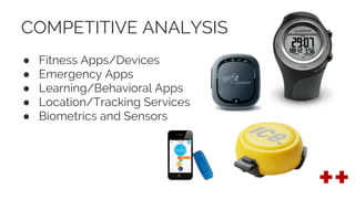 COMPETITIVE ANALYSIS
● Fitness Apps/Devices
● Emergency Apps
● Learning/Behavioral Apps
● Location/Tracking Services
● Biometrics and Sensors
 