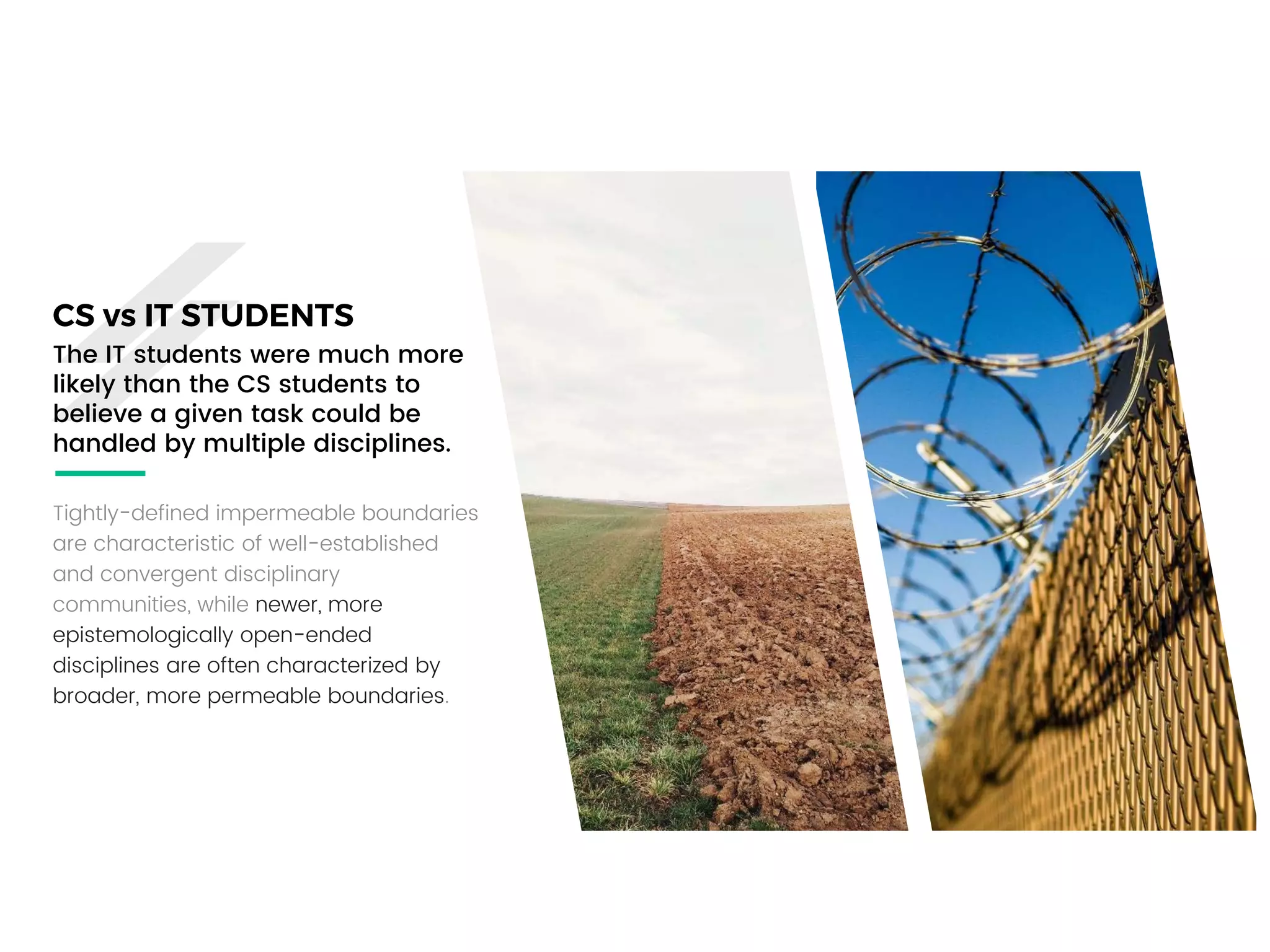 CS vs IT STUDENTS
Tightly-defined impermeable boundaries
are characteristic of well-established
and convergent disciplinary
communities, while newer, more
epistemologically open-ended
disciplines are often characterized by
broader, more permeable boundaries.
The IT students were much more
likely than the CS students to
believe a given task could be
handled by multiple disciplines.
 