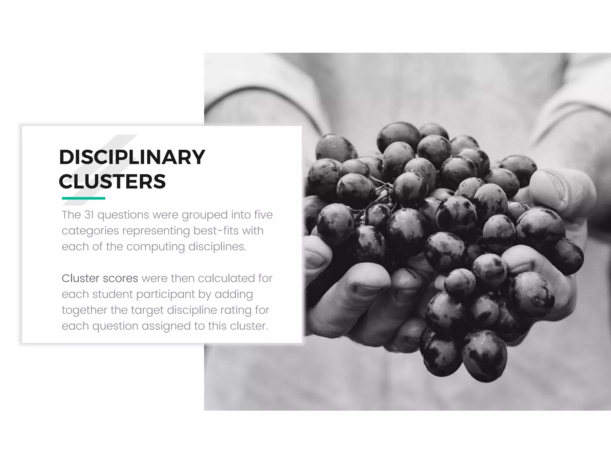 DISCIPLINARY
CLUSTERS
The 31 questions were grouped into five
categories representing best-fits with
each of the computing disciplines.
Cluster scores were then calculated for
each student participant by adding
together the target discipline rating for
each question assigned to this cluster.
 
