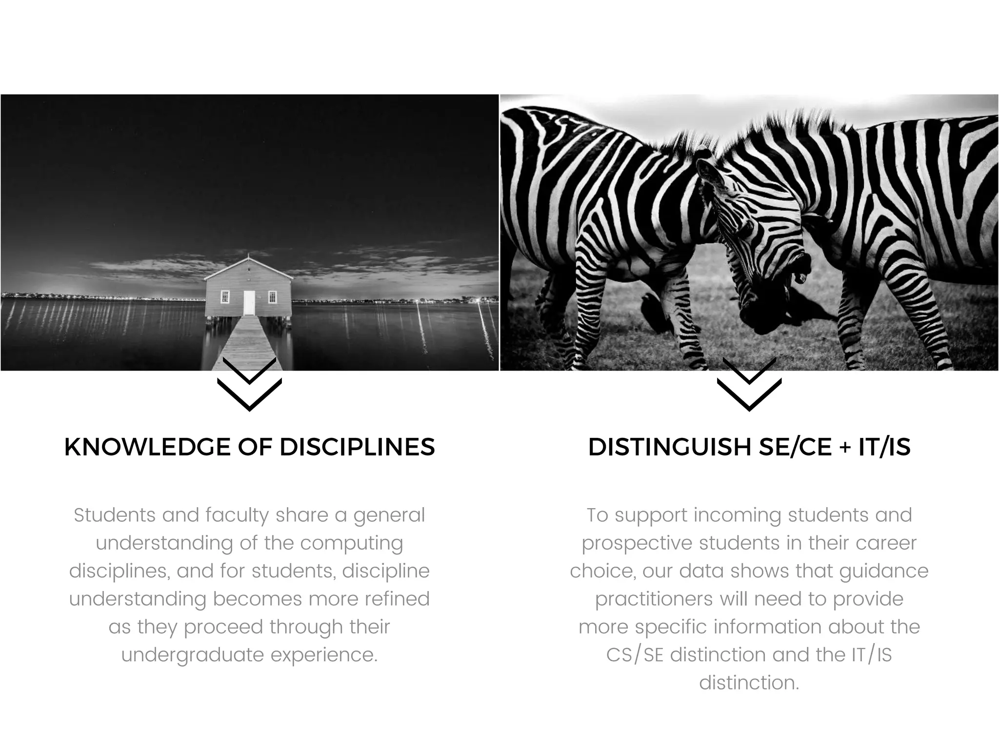 KNOWLEDGE OF DISCIPLINES
Students and faculty share a general
understanding of the computing
disciplines, and for students, discipline
understanding becomes more refined
as they proceed through their
undergraduate experience.
DISTINGUISH SE/CE + IT/IS
To support incoming students and
prospective students in their career
choice, our data shows that guidance
practitioners will need to provide
more specific information about the
CS/SE distinction and the IT/IS
distinction.
 