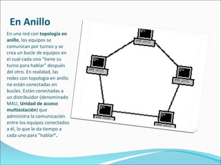 En Anillo En una red con  topología en anillo , los equipos se comunican por turnos y se crea un bucle de equipos en el cual cada uno "tiene su turno para hablar" después del otro. En realidad, las redes con topología en anillo no están conectadas en bucles. Están conectadas a un distribuidor (denominado MAU,  Unidad de acceso multiestación ) que administra la comunicación entre los equipos conectados a él, lo que le da tiempo a cada uno para "hablar ".  
