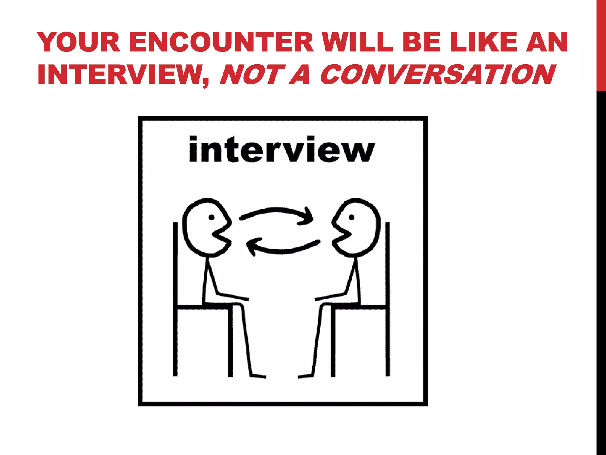 YOUR ENCOUNTER WILL BE LIKE AN
INTERVIEW, NOT A CONVERSATION
 