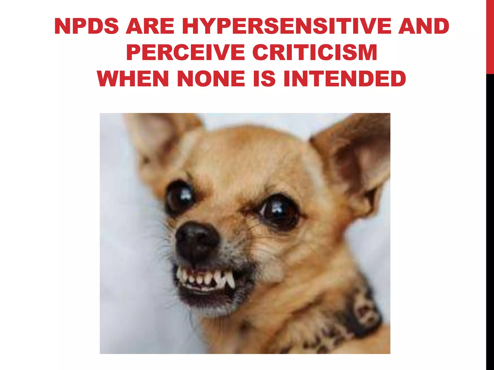 NPDS ARE HYPERSENSITIVE AND
PERCEIVE CRITICISM
WHEN NONE IS INTENDED
 