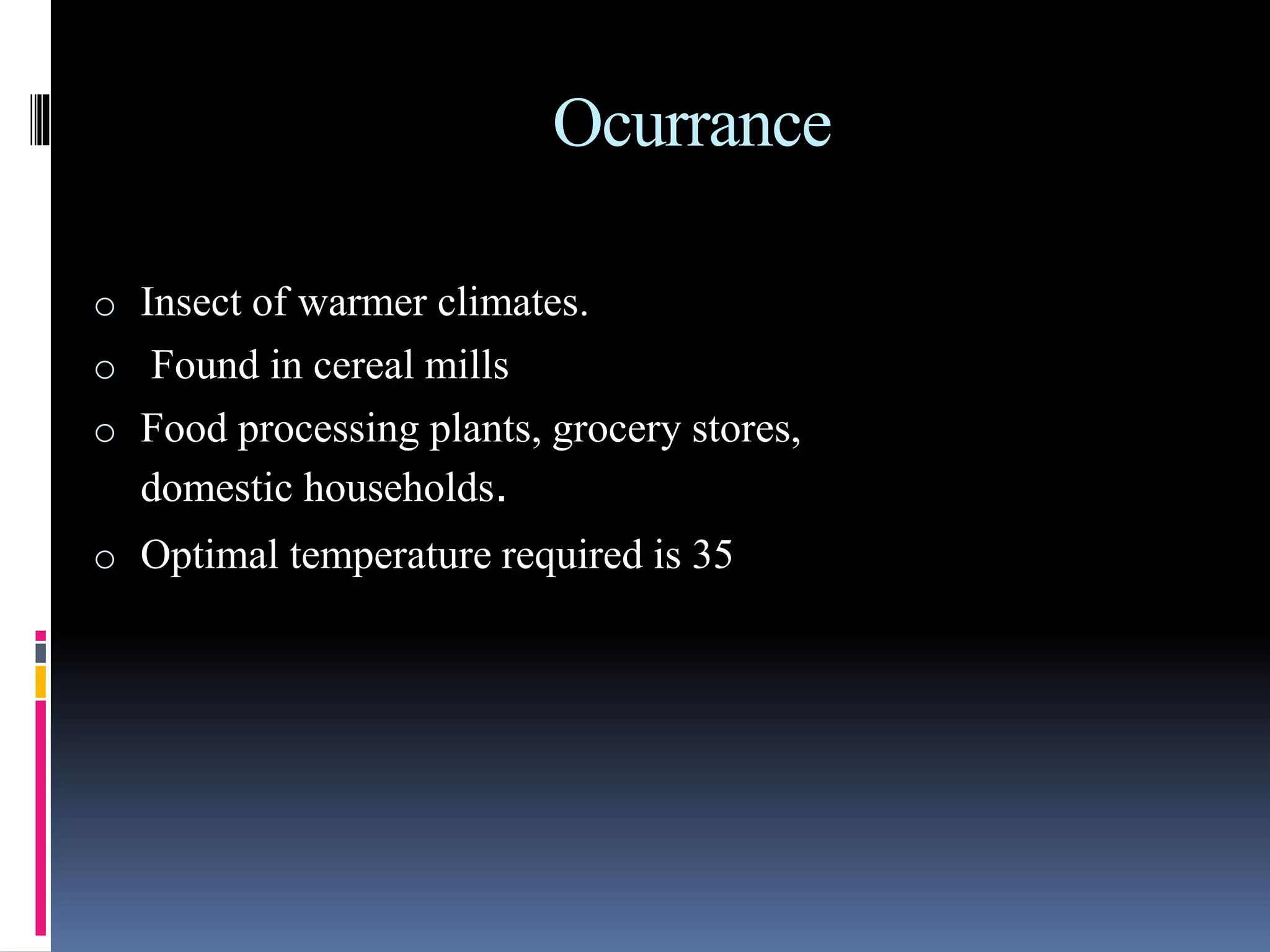 Ocurrance
o Insect of warmer climates.
o Found in cereal mills
o Food processing plants, grocery stores,
domestic households.
o Optimal temperature required is 35
 