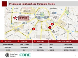Prestigious Neighborhood Corporate Profile




                             RFCPT
                      Neighborhood Profile
                                                                   3
                                                               2
                                             1




1     DLF CENTER         2     HT HOUSE      3   BIRLA TOWER            OTHER MAJOR TENANTS

    BANK OF AMERICA          ERNST & YOUNG          CISCO      SHELL             CALYON BANK

      ACCENTURE               WORLD BANK            HSBC       DBS               PROVIDENCE PE

        BOEING                   BBC             BNP PARIBAS   NESTLE            BRITISH PETROLEUM



                                                                                                 11
 