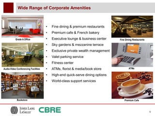 Wide Range of Corporate Amenities



                                      •   Fine dining & premium restaurants
                                      •   Premium cafe & French bakery
           Grade A Office             •   Executive lounge & business center    Fine Dining Restaurants

                                      •   Sky gardens & mezzanine terrace
                                      •   Exclusive private wealth management
                                      •   Valet parking service
                                      •   Fitness center
Audio-Video Conferencing Facilities   •   ATMs, florist & media/book store              ATMs

                                      •   High-end quick-serve dining options
                                      •   World-class support services




            Bookstore                                                               Premium Cafe



                                                                                                          12
 