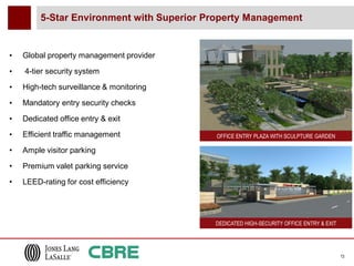 5-Star Environment with Superior Property Management


•   Global property management provider

•   4-tier security system
•   High-tech surveillance & monitoring
                                                  INSERT INDICATIVE
•   Mandatory entry security checks
                                                         PICTURES
•   Dedicated office entry & exit                  • Sculpture garden
•   Efficient traffic management                           rendering
                                           OFFICE ENTRY PLAZA WITH SCULPTURE GARDEN

•   Ample visitor parking

•   Premium valet parking service
•   LEED-rating for cost efficiency




                                           DEDICATED HIGH-SECURITY OFFICE ENTRY & EXIT




                                                                                         13
 