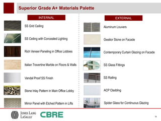 Superior Grade A+ Materials Palette

             INTERNAL                                    EXTERNAL

  SS Grid Ceiling                               Aluminum Louvers


  SS Ceiling with Concealed Lighting            Gwalior Stone on Facade


  Rich Veneer Paneling in Office Lobbies        Contemporary Curtain Glazing on Facade


  Italian Travertine Marble on Floors & Walls   SS Glass Fittings


  Vandal Proof SS Finish                        SS Railing


  Stone Inlay Pattern in Main Office Lobby      ACP Cladding


  Mirror Panel with Etched Pattern in Lifts     Spider Glass for Continuous Glazing


                                                                                         14
 