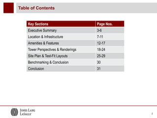 Table of Contents


    Key Sections                      Page Nos.
    Executive Summary                 3-6
    Location & Infrastructure         7-11
    Amenities & Features              12-17
    Tower Perspectives & Renderings   18-24
    Site Plan & Test-Fit Layouts      25-29
    Benchmarking & Conclusion         30
    Conclusion                        31




                                                  2
 