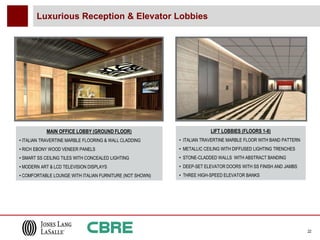 Luxurious Reception & Elevator Lobbies




           MAIN OFFICE LOBBY (GROUND FLOOR)                            LIFT LOBBIES (FLOORS 1-8)
• ITALIAN TRAVERTINE MARBLE FLOORING & WALL CLADDING      • ITALIAN TRAVERTINE MARBLE FLOOR WITH BAND PATTERN
• RICH EBONY WOOD VENEER PANELS                           • METALLIC CEILING WITH DIFFUSED LIGHTING TRENCHES
• SMART SS CEILING TILES WITH CONCEALED LIGHTING          • STONE-CLADDED WALLS WITH ABSTRACT BANDING
• MODERN ART & LCD TELEVISION DISPLAYS                    • DEEP-SET ELEVATOR DOORS WITH SS FINISH AND JAMBS
• COMFORTABLE LOUNGE WITH ITALIAN FURNITURE (NOT SHOWN)   • THREE HIGH-SPEED ELEVATOR BANKS




                                                                                                                22
 