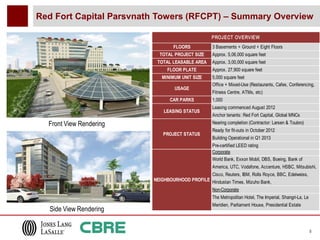 Red Fort Capital Parsvnath Towers (RFCPT) – Summary Overview

                                                   PROJECT OVERVIEW
                                 FLOORS            3 Basements + Ground + Eight Floors
                           TOTAL PROJECT SIZE      Approx. 5,06,000 square feet
                          TOTAL LEASABLE AREA      Approx. 3,00,000 square feet
                               FLOOR PLATE         Approx. 27,900 square feet
                            MINIMUM UNIT SIZE      5,000 square feet
                                                   Office + Mixed-Use (Restaurants, Cafes, Conferencing,
                                  USAGE
                                                   Fitness Centre, ATMs, etc)
                                CAR PARKS          1,000
                                                   Leasing commenced August 2012
                             LEASING STATUS
                                                   Anchor tenants: Red Fort Capital, Global MNCs
  Front View Rendering                             Nearing completion (Contractor: Larsen & Toubro)
                                                   Ready for fit-outs in October 2012
                             PROJECT STATUS
                                                   Building Operational in Q1 2013
                                                   Pre-certified LEED rating
                                                   Corporate
                                                   World Bank, Exxon Mobil, DBS, Boeing, Bank of
                                                   America, UTC, Vodafone, Accenture, HSBC, Mitsubishi,
                                               Cisco, Reuters, IBM, Rolls Royce, BBC, Edelweiss,
                         NEIGHBOURHOOD PROFILE Hindustan Times, Mizuho Bank,
                                                   Non-Corporate
                                                   The Metropolitan Hotel, The Imperial, Shangri-La, Le
                                                   Meridien, Parliament House, Presidential Estate
  Side View Rendering

                                                                                                          5
 