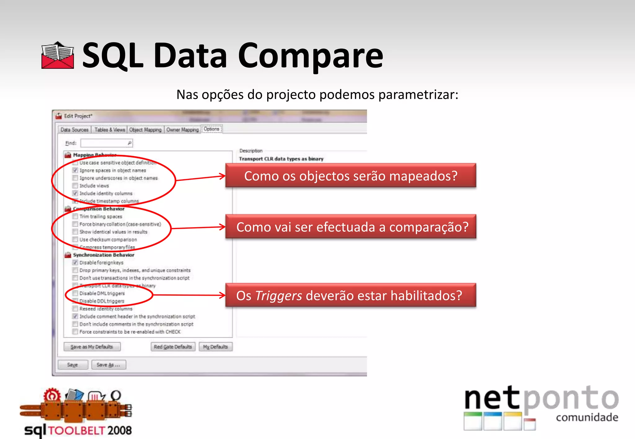      SQL Data CompareNas opções do projecto podemos parametrizar:Como os objectos serão mapeados? Como vai ser efectuada a comparação?Os Triggers deverão estar habilitados? 