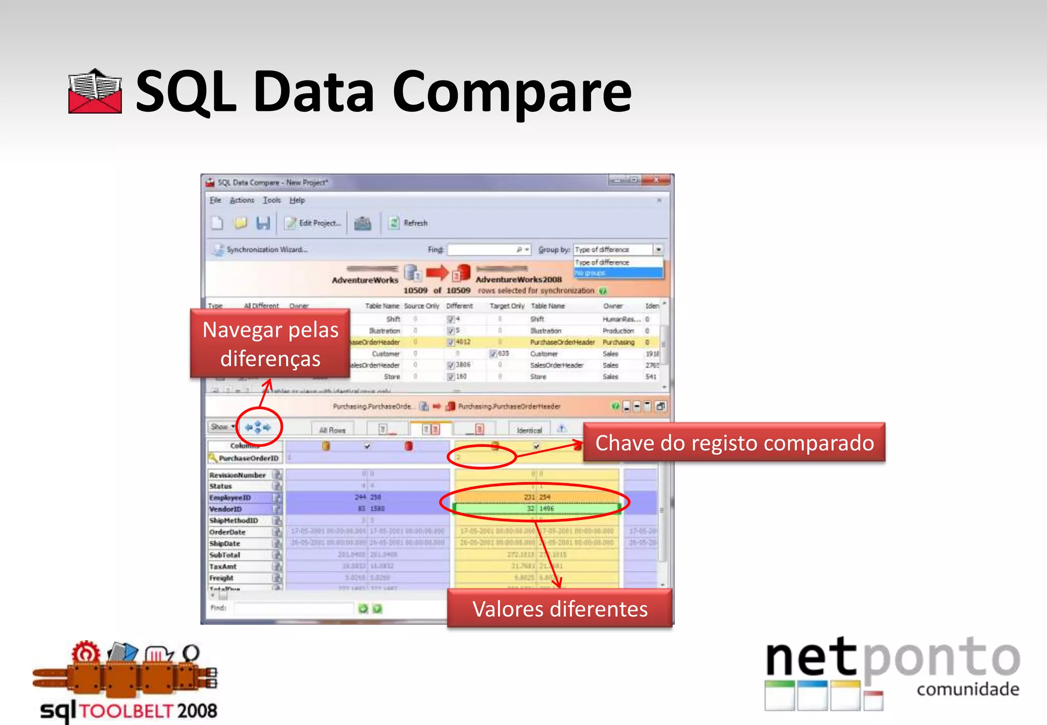      SQL Data CompareNavegar pelas diferençasChave do registo comparadoValores diferentes