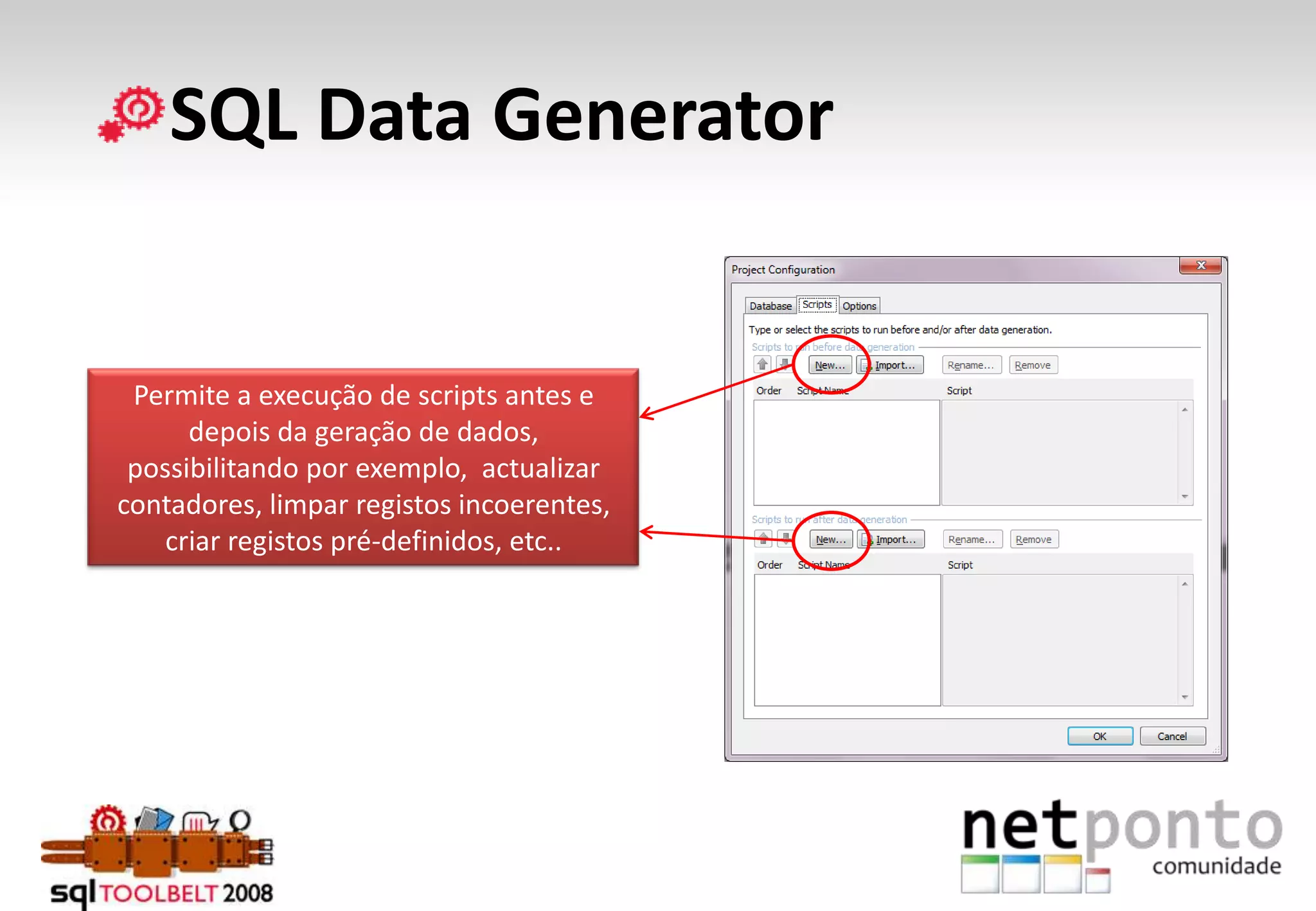      SQL Data GeneratorPermite a execução de scripts antes e depois da geração de dados, possibilitando por exemplo,  actualizar contadores, limpar registos incoerentes, criar registos pré-definidos, etc..