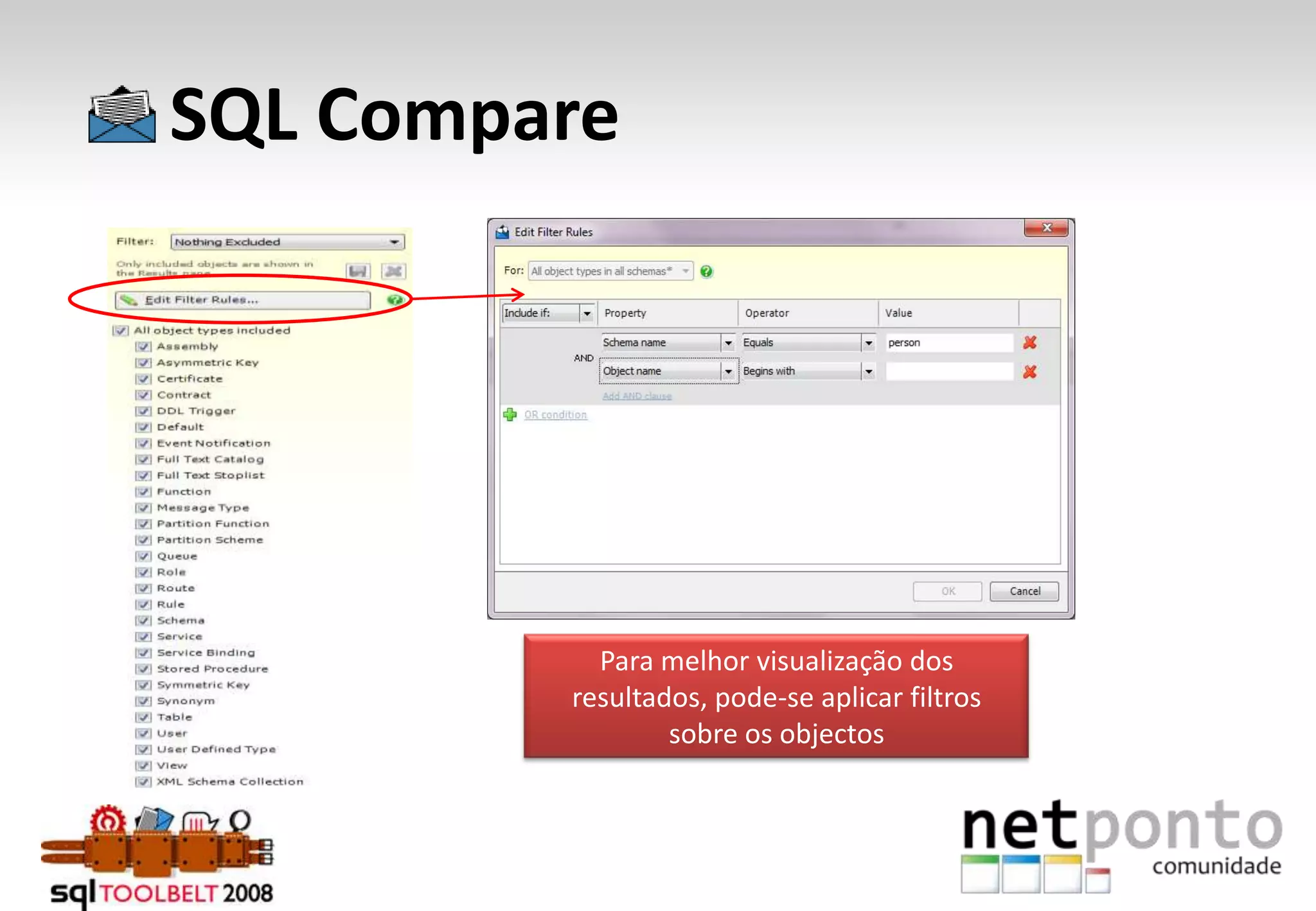      SQL ComparePara melhor visualização dos resultados, pode-se aplicar filtros sobre os objectos