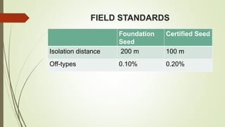 FIELD STANDARDS
Foundation
Seed
Certified Seed
Isolation distance 200 m 100 m
Off-types 0.10% 0.20%
 