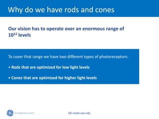 Why do we have rods and cones

Our vision has to operate over an enormous range of
1012 levels



To cover that range we have two different types of photoreceptors:

• Rods that are optimized for low light levels

• Cones that are optimized for higher light levels




                                 GE inside use only
 