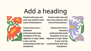 Add a heading
Present with ease and
wow any audience with
Canva Presentations.
Choose from over a
thousand
professionally-made
templates to fit any
objective or topic. Make
it your own by
customizing it with text
and photos.
Present with ease and
wow any audience with
Canva Presentations.
Choose from over a
thousand
professionally-made
templates to fit any
objective or topic. Make
it your own by
customizing it with text
and photos.
 