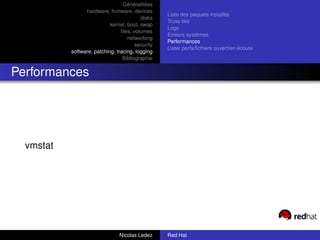 Généralitées
                 hardware, ﬁrmware, devices
                                                   Liste des paquets installés
                                          disks
                                                   Truss like
                            kernel, boot, swap
                                                   Logs
                                 ﬁles, volumes
                                                   Erreurs systèmes
                                    networking
                                                   Performances
                                        security
                                                   Lister ports/ﬁchiers ouvert/en écoute
           software, patching, tracing, logging
                                  Bibliographie


Performances




  vmstat




                                Nicolas Ledez      Red Hat
 