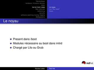 Généralitées
                 hardware, ﬁrmware, devices
                                          disks
                            kernel, boot, swap     Le noyau
                                 ﬁles, volumes     Les "Run level"
                                    networking     Swap
                                        security
           software, patching, tracing, logging
                                  Bibliographie


Le noyau



     Present dans /boot
     Modules nécessaire au boot dans initrd
     Chargé par Lilo ou Grub




                                Nicolas Ledez      Red Hat
 