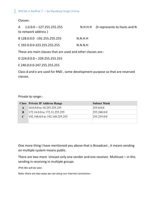 RHCSA in Redhat 7 – by Navdeep Singh Jimmy
Classes:
A 1.0.0.0 – 127.255.255.255 N.H.H.H (h represents to hosts and N
to network address )
B 128.0.0.0 -191.255.255.255 N.N.H.H
C 192.0.0.0-223.255.255.255 N.N.N.H
These are main classes that are used and other classes are:-
D 224.0.0.0 – 239.255.255.255
E 240.0.0.0-247.255.255.255
Class d and e are used for RND , some development purpose so that are reserved
classes.
Private Ip range:-
Class Private IP Address Range Subnet Mask
A 10.0.0.0 to 10.255.255.255 255.0.0.0
B 172.16.0.0 to 172.31.255.255 255.240.0.0
C 192.168.0.0 to 192.168.255.255 255.255.0.0
One more thing I have mentioned you above that is Broadcast , it means sending
on multiple system means public.
There are two more Unicast only one sender and one receiver. Multicast – in this
sending in receiving in multiple groups
IPV6 We will do later.
Note: there are two ways we can setup our internet connection :
 