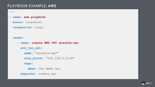 ---
- name: aws playbook
hosts: localhost
connection: local
tasks:
- name: create AWS VPC ansible-vpc
ec2_vpc_net:
name: "ansible-vpc"
cidr_block: "192.168.0.0/24"
tags:
demo: the demo vpc
register: create_vpc
PLAYBOOK EXAMPLE: AWS
 