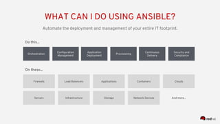 WHAT CAN I DO USING ANSIBLE?
Automate the deployment and management of your entire IT footprint.
Orchestration
Do this...
Firewalls
Configuration
Management
Application
Deployment
Provisioning
Continuous
Delivery
Security and
Compliance
On these...
Load Balancers Applications Containers Clouds
Servers Infrastructure Storage And more...Network Devices
 
