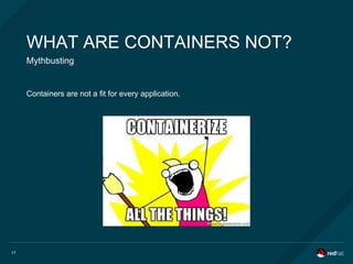 17
WHAT ARE CONTAINERS NOT?
Mythbusting
Containers are not a fit for every application.
 