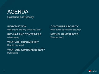 3
AGENDA
Containers and Security
INTRODUCTION
Who are we, and why should you care? What makes up container security?
RED HAT AND CONTAINERS
A brief history
KERNEL NAMESPACES
What are they?
WHAT ARE CONTAINERS?
How do they work?
WHAT ARE CONTAINERS NOT?
Mythbusting
CONTAINER SECURITY
 