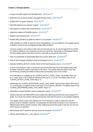 Chapter 1. Package Updates


                                                                    712
• Include core WMI support and Dell-WMI driver. BZ#516623
                                                                               713
• [kabi] Add scsi_nl_{send_vendor_msg,{add,remove}_driver}. BZ#515812
                                                   714
• Enable ACPI 4.0 power metering. BZ#514923
                                                           715
• Add AER software error injection support. BZ#514442
                                                                  716
• Add support for Syleus chip to fschmd driver. BZ#513101
                                                          717
• Implement support for DS8000 volumes. BZ#511972
                                             718
• Support Lexar ExpressCard. BZ#511374
                                                                               719
• Disable ARB_DISABLE on platforms where it is not needed. BZ#509422

  ARB_DISABLE is a NOP on all of the recent Intel platforms. For such platforms, this update reduces
  contention on the c3_lock by skipping the fake ARB_DISABLE.

  This lock is held on each deep C-state entry and exit and with 16, 32, and 64 logical CPUs in NHM
  EP, NHM EX platforms, this contention can become significant. Specifically on distributions that do
  not have tickless feature and where all CPUs may wake up around the same time.
                                                                                           720
• Add zfcp parameter to dynamically adjust scsi_queue_depth size. BZ#508355
                                                                                     721
• Add HP ipmi message handling to Red Hat Enterprise Linux 5. BZ#507402
                                                                                                 722
• Backport CONFIG_DETECT_HUNG_TASK to Red Hat Enterprise Linux 5. BZ#506059

  In some circumstances, tasks in the kernel may permanently enter the uninterruptible sleep state
  (D-State), making the system impossible to shut down. This update adds the Detect Hung Task
  kernel thread, providing the ability to detect tasks permanently stuck in the D-State.

  This new feature is controlled by the "CONFIG_DETECT_HUNG_TASK=" kernel flag. When set
  to "y", tasks stuck in the D-State are detected; when set to "n" it is off. The default value for the
  "CONFIG_DETECT_HUNG_TASK" flag is "y".

  Additionally, the "CONFIG_BOOTPARAM_HUNG_TASK_PANIC" flag has been added. When set to
  "y", a kernel panic is triggered when a task stuck in the D-State is detected. The default value for the
  "CONFIG_BOOTPARAM_HUNG_TASK_PANIC" flag is "n".
                                                                             723
• Add ability to access Nehalem uncore configuration space. BZ#504330

  Systems that don't use MMCONFIG have trouble when allocating resources by using a legacy PCI
  probe. As a result, the machine will hang during boot if the Disk PCI device is not properly initialized.

  This update reverts a patch that improves the PCI ID detection in order to detect the new PCI
  devices found on Nehalem machines. Consequently, the kernel will not hang on such machines. A
  different patch will be needed, however, when adding any driver that needs to see the non-core set
  of PCI devices on Nehalem.
                                                                               724
• When booted with P-state limit, limit can never be increased BZ#489566
                                                            725
• Add do_settimeofday and __user_walk_fd BZ#486205




102
 