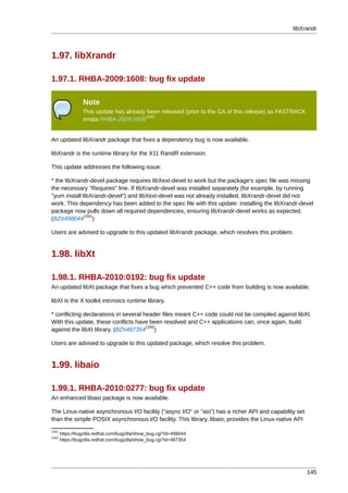 libXrandr



1.97. libXrandr

1.97.1. RHBA-2009:1608: bug fix update

                 Note
                 This update has already been released (prior to the GA of this release) as FASTRACK
                                        1340
                 errata RHBA-2009:1608


An updated libXrandr package that fixes a dependency bug is now available.

libXrandr is the runtime library for the X11 RandR extension.

This update addresses the following issue:

* the libXrandr-devel package requires libXext-devel to work but the package's spec file was missing
the necessary "Requires" line. If libXrandr-devel was installed separately (for example, by running
"yum install libXrandr-devel") and libXext-devel was not already installed, libXrandr-devel did not
work. This dependency has been added to the spec file with this update: installing the libXrandr-devel
package now pulls down all required dependencies, ensuring libXrandr-devel works as expected.
              1341
(BZ#498044 )

Users are advised to upgrade to this updated libXrandr package, which resolves this problem.


1.98. libXt

1.98.1. RHBA-2010:0192: bug fix update
An updated libXt package that fixes a bug which prevented C++ code from building is now available.

libXt is the X toolkit intrinsics runtime library.

* conflicting declarations in several header files meant C++ code could not be compiled against libXt.
With this update, these conflicts have been resolved and C++ applications can, once again, build
                                       1342
against the libXt library. (BZ#487354 )

Users are advised to upgrade to this updated package, which resolve this problem.


1.99. libaio

1.99.1. RHBA-2010:0277: bug fix update
An enhanced libaio package is now available.

The Linux-native asynchronous I/O facility ("async I/O" or "aio") has a richer API and capability set
than the simple POSIX asynchronous I/O facility. This library, libaio, provides the Linux-native API
1341
       https://bugzilla.redhat.com/bugzilla/show_bug.cgi?id=498044
1342
       https://bugzilla.redhat.com/bugzilla/show_bug.cgi?id=487354




                                                                                                        145
 