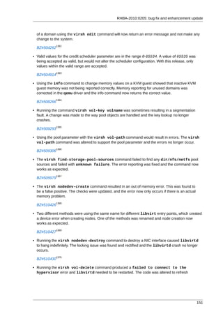 RHBA-2010:0205: bug fix and enhancement update



  of a domain using the virsh edit command will now return an error message and not make any
  change to the system.
              1362
  BZ#504262

• Valid values for the credit scheduler parameter are in the range 0-65534. A value of 65535 was
  being accepted as valid, but would not alter the scheduler configuration. With this release, only
  values within the valid range are accepted.
              1363
  BZ#504914

• Using the info command to change memory values on a KVM guest showed that inactive KVM
  guest memory was not being reported correctly. Memory reporting for unused domains was
  corrected in the qemu driver and the info command now returns the correct value.
              1364
  BZ#508266

• Running the command virsh vol-key volname was sometimes resulting in a segmentation
  fault. A change was made to the way pool objects are handled and the key lookup no longer
  crashes.
              1365
  BZ#509293

• Using the pool parameter with the virsh vol-path command would result in errors. The virsh
  vol-path command was altered to support the pool parameter and the errors no longer occur.
              1366
  BZ#509306

• The virsh find-storage-pool-sources command failed to find any dir/nfs/netfs pool
  sources and failed with unknown failure. The error reporting was fixed and the command now
  works as expected.
              1367
  BZ#509979

• The virsh nodedev-create command resulted in an out of memory error. This was found to
  be a false positive. The checks were updated, and the error now only occurs if there is an actual
  memory problem.
              1368
  BZ#510426

• Two different methods were using the same name for different libvirt entry points, which created
  a device error when creating nodes. One of the methods was renamed and node creation now
  works as expected.
              1369
  BZ#510427

• Running the virsh nodedev-destroy command to destroy a NIC interface caused libvirtd
  to hang indefinitely. The locking issue was found and rectified and the libvirtd crash no longer
  occurs.
              1370
  BZ#510430

• Running the virsh vol-delete command produced a failed to connect to the
  hypervisor error and libvirtd needed to be restarted. The code was altered to refresh




                                                                                                      151
 