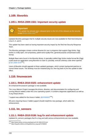 Chapter 1. Package Updates



1.109. libvorbis

1.109.1. RHSA-2009:1561: Important security update

                 Important
                 This update has already been released (prior to the GA of this release) as the security
                                        1402
                 errata RHSA-2009:1561


Updated libvorbis packages that fix multiple security issues are now available for Red Hat Enterprise
Linux 3, 4, and 5.

This update has been rated as having important security impact by the Red Hat Security Response
Team.

The libvorbis packages contain runtime libraries for use in programs that support Ogg Vorbis. Ogg
Vorbis is a fully open, non-proprietary, patent-and royalty-free, general-purpose compressed audio
format.

Multiple flaws were found in the libvorbis library. A specially-crafted Ogg Vorbis media format file (Ogg)
could cause an application using libvorbis to crash or, possibly, execute arbitrary code when opened.
                 1403
(CVE-2009-3379 )

Users of libvorbis should upgrade to these updated packages, which contain backported patches to
correct these issues. The desktop must be restarted (log out, then log back in) for this update to take
effect.


1.110. linuxwacom

1.110.1. RHEA-2010:0325: enhancement update
An enhanced linuxwacom package is now available.

The Linux Wacom Project manages the drivers, libraries, and documentation for configuring and
running Wacom tablets under the Linux operating system. It contains diagnostic applications as well as
X.org XInput drivers
                                                                     1404
* support was added for the Intuos 4 tablet. (BZ#566602                 )

All users requiring Intuos 4 tablet support should install this new package, which adds this
enhancement.


1.111. lm_sensors

1.111.1. RHBA-2010:0186: bug fix and enhancement update
Updated lm_sensors packages that fix a bug and add various enhancements are now available.
1403
       https://www.redhat.com/security/data/cve/CVE-2009-3379.html
1404
       https://bugzilla.redhat.com/bugzilla/show_bug.cgi?id=566602




156
 