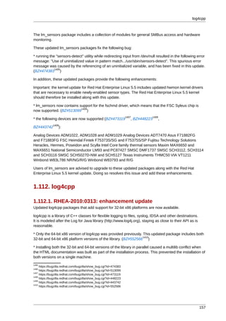 log4cpp



The lm_sensors package includes a collection of modules for general SMBus access and hardware
monitoring.

These updated lm_sensors packages fix the following bug:

* running the "sensors-detect" utility while redirecting input from /dev/null resulted in the following error
message: "Use of uninitialized value in pattern match.../usr/sbin/sensors-detect". This spurious error
message was caused by the referencing of an uninitialized variable, and has been fixed in this update.
             1405
(BZ#474383 )

In addition, these updated packages provide the following enhancements:

Important: the kernel update for Red Hat Enterprise Linux 5.5 includes updated hwmon kernel drivers
that are necessary to enable newly-enabled sensor types. The Red Hat Enterprise Linux 5.5 kernel
should therefore be installed along with this update.

* lm_sensors now contains support for the fschmd driver, which means that the FSC Syleus chip is
                           1406
now supported. (BZ#513099 )
                                                                   1407         1408
* the following devices are now supported (BZ#473119                  , BZ#448223   ,
              1409
BZ#443742         ):

Analog Devices ADM1022, ADM1028 and ADM1029 Analog Devices ADT7470 Asus F71882FG
and F71883FG FSC Heimdal Fintek F75373S/SG and F75375S/SP Fujitsu Technology Solutions
Heracles, Hermes, Poseidon and Scylla Intel Core family thermal sensors Maxim MAX6650 and
MAX6651 National Semiconductor LM93 and PC87427 SMSC DMF1737 SMSC SCH3112, SCH3114
and SCH3116 SMSC SCH5027D-NW and SCH5127 Texas Instruments THMC50 VIA VT1211
Winbond W83L786 NR/NG/R/G Winbond W83793 and R/G

Users of lm_sensors are advised to upgrade to these updated packages along with the Red Hat
Enterprise Linux 5.5 kernel update. Doing so resolves this issue and add these enhancements.


1.112. log4cpp

1.112.1. RHEA-2010:0313: enhancement update
Updated log4cpp packages that add support for 32-bit x86 platforms are now available.

log4cpp is a library of C++ classes for flexible logging to files, syslog, IDSA and other destinations.
It is modeled after the Log for Java library (http://www.log4j.org), staying as close to their API as is
reasonable.

* Only the 64-bit x86 version of log4cpp was provided previously. This updated package includes both
                                                                  1410
32-bit and 64-bit x86 platform versions of the library. (BZ#552566 )

* Installing both the 32-bit and 64-bit versions of the library in parallel caused a multilib conflict when
the HTML documentation was built as part of the installation process. This prevented the installation of
both versions on a single machine.
1405
     https://bugzilla.redhat.com/bugzilla/show_bug.cgi?id=474383
1406
     https://bugzilla.redhat.com/bugzilla/show_bug.cgi?id=513099
1407
     https://bugzilla.redhat.com/bugzilla/show_bug.cgi?id=473119
1408
     https://bugzilla.redhat.com/bugzilla/show_bug.cgi?id=448223
1409
     https://bugzilla.redhat.com/bugzilla/show_bug.cgi?id=443742
1410
     https://bugzilla.redhat.com/bugzilla/show_bug.cgi?id=552566




                                                                                                           157
 