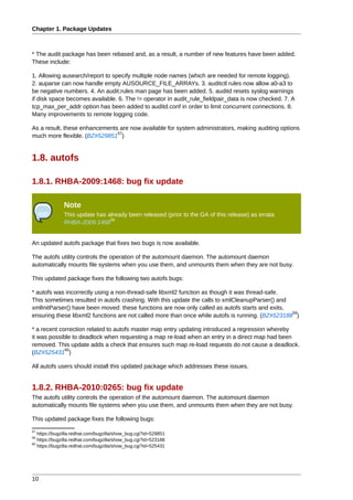 Chapter 1. Package Updates



* The audit package has been rebased and, as a result, a number of new features have been added.
These include:

1. Allowing ausearch/report to specify multiple node names (which are needed for remote logging).
2. auparse can now handle empty AUSOURCE_FILE_ARRAYs. 3. auditctl rules now allow a0-a3 to
be negative numbers. 4. An audit.rules man page has been added. 5. auditd resets syslog warnings
if disk space becomes available. 6. The != operator in audit_rule_fieldpair_data is now checked. 7. A
tcp_max_per_addr option has been added to auditd.conf in order to limit concurrent connections. 8.
Many improvements to remote logging code.

As a result, these enhancements are now available for system administrators, making auditing options
                               57
much more flexible. (BZ#529851 )


1.8. autofs

1.8.1. RHBA-2009:1468: bug fix update

              Note
              This update has already been released (prior to the GA of this release) as errata
                               58
              RHBA-2009:1468


An updated autofs package that fixes two bugs is now available.

The autofs utility controls the operation of the automount daemon. The automount daemon
automatically mounts file systems when you use them, and unmounts them when they are not busy.

This updated package fixes the following two autofs bugs:

* autofs was incorrectly using a non-thread-safe libxml2 function as though it was thread-safe.
This sometimes resulted in autofs crashing. With this update the calls to xmlCleanupParser() and
xmlInitParser() have been moved: these functions are now only called as autofs starts and exits,
                                                                                                  59
ensuring these libxml2 functions are not called more than once while autofs is running. (BZ#523188 )

* a recent correction related to autofs master map entry updating introduced a regression whereby
it was possible to deadlock when requesting a map re-load when an entry in a direct map had been
removed. This update adds a check that ensures such map re-load requests do not cause a deadlock.
             60
(BZ#525431 )

All autofs users should install this updated package which addresses these issues.


1.8.2. RHBA-2010:0265: bug fix update
The autofs utility controls the operation of the automount daemon. The automount daemon
automatically mounts file systems when you use them, and unmounts them when they are not busy.

This updated package fixes the following bugs:
57
   https://bugzilla.redhat.com/bugzilla/show_bug.cgi?id=529851
59
   https://bugzilla.redhat.com/bugzilla/show_bug.cgi?id=523188
60
   https://bugzilla.redhat.com/bugzilla/show_bug.cgi?id=525431




10
 