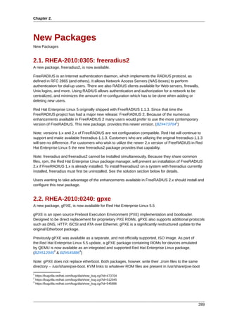 Chapter 2.




New Packages
New Packages


2.1. RHEA-2010:0305: freeradius2
A new package, freeradius2, is now available.

FreeRADIUS is an Internet authentication daemon, which implements the RADIUS protocol, as
defined in RFC 2865 (and others). It allows Network Access Servers (NAS boxes) to perform
authentication for dial-up users. There are also RADIUS clients available for Web servers, firewalls,
Unix logins, and more. Using RADIUS allows authentication and authorization for a network to be
centralized, and minimizes the amount of re-configuration which has to be done when adding or
deleting new users.

Red Hat Enterprise Linux 5 originally shipped with FreeRADIUS 1.1.3. Since that time the
FreeRADIUS project has had a major new release: FreeRADIUS 2. Because of the numerous
enhancements available in FreeRADIUS 2 many users would prefer to use the more contemporary
                                                                                    1
version of FreeRADIUS. This new package, provides this newer version. (BZ#473704 )

Note: versions 1.x and 2.x of FreeRADIUS are not configuration compatible. Red Hat will continue to
support and make available freeradius-1.1.3. Customers who are utilizing the original freeradius-1.1.3
will see no difference. For customers who wish to utilize the newer 2.x version of FreeRADIUS in Red
Hat Enterprise Linux 5 the new freeradius2 package provides that capability.

Note: freeradius and freeradius2 cannot be installed simultaneously. Because they share common
files, rpm, the Red Hat Enterprise Linux package manager, will prevent an installation of FreeRADIUS
2.x if FreeRADIUS 1.x is already installed. To install freeradius2 on a system with freeradius currently
installed, freeradius must first be uninstalled. See the solution section below for details.

Users wanting to take advantage of the enhancements available in FreeRADIUS 2.x should install and
configure this new package.


2.2. RHEA-2010:0240: gpxe
A new package, gPXE, is now available for Red Hat Enterprise Linux 5.5

gPXE is an open source Preboot Execution Environment (PXE) implementation and bootloader.
Designed to be direct replacement for proprietary PXE ROMs, gPXE also supports additional protocols
such as DNS, HTTP, iSCSI and ATA over Ethernet. gPXE is a significantly restructured update to the
original Etherboot package.

Previously gPXE was available as a separate, and not officially supported, ISO image. As part of
the Red Hat Enterprise Linux 5.5 update, a gPXE package containing ROMs for devices emulated
by QEMU is now available as an integrated and supported Red Hat Enterprise Linux package.
            2              3
(BZ#512045 & BZ#545886 )

Note: gPXE does not replace etherboot. Both packages, howver, write their .zrom files to the same
directory -- /usr/share/pxe-boot. KVM links to whatever ROM files are present in /usr/share/pxe-boot
1
  https://bugzilla.redhat.com/bugzilla/show_bug.cgi?id=473704
2
  https://bugzilla.redhat.com/bugzilla/show_bug.cgi?id=512045
3
  https://bugzilla.redhat.com/bugzilla/show_bug.cgi?id=545886




                                                                                                     289
 