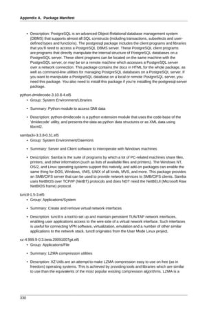 Appendix A. Package Manifest



      • Description: PostgreSQL is an advanced Object-Relational database management system
        (DBMS) that supports almost all SQL constructs (including transactions, subselects and user-
        defined types and functions). The postgresql package includes the client programs and libraries
        that you'll need to access a PostgreSQL DBMS server. These PostgreSQL client programs
        are programs that directly manipulate the internal structure of PostgreSQL databases on a
        PostgreSQL server. These client programs can be located on the same machine with the
        PostgreSQL server, or may be on a remote machine which accesses a PostgreSQL server
        over a network connection. This package contains the docs in HTML for the whole package, as
        well as command-line utilities for managing PostgreSQL databases on a PostgreSQL server. If
        you want to manipulate a PostgreSQL database on a local or remote PostgreSQL server, you
        need this package. You also need to install this package if you're installing the postgresql-server
        package.

python-dmidecode-3.10.8-4.el5
    • Group: System Environment/Libraries

      • Summary: Python module to access DMI data

      • Description: python-dmidecode is a python extension module that uses the code-base of the
        'dmidecode' utility, and presents the data as python data structures or as XML data using
        libxml2.

samba3x-3.3.8-0.51.el5
   • Group: System Environment/Daemons

      • Summary: Server and Client software to interoperate with Windows machines

      • Description: Samba is the suite of programs by which a lot of PC-related machines share files,
        printers, and other information (such as lists of available files and printers). The Windows NT,
        OS/2, and Linux operating systems support this natively, and add-on packages can enable the
        same thing for DOS, Windows, VMS, UNIX of all kinds, MVS, and more. This package provides
        an SMB/CIFS server that can be used to provide network services to SMB/CIFS clients. Samba
        uses NetBIOS over TCP/IP (NetBT) protocols and does NOT need the NetBEUI (Microsoft Raw
        NetBIOS frame) protocol.

tunctl-1.5-3.el5
    • Group: Applications/System

      • Summary: Create and remove virtual network interfaces

      • Description: tunctl is a tool to set up and maintain persistent TUN/TAP network interfaces,
        enabling user applications access to the wire side of a virtual nework interface. Such interfaces
        is useful for connecting VPN software, virtualization, emulation and a number of other similar
        applications to the network stack. tunctl originates from the User Mode Linux project.

xz-4.999.9-0.3.beta.20091007git.el5
    • Group: Applications/File

      • Summary: LZMA compression utilities

      • Description: XZ Utils are an attempt to make LZMA compression easy to use on free (as in
        freedom) operating systems. This is achieved by providing tools and libraries which are similar
        to use than the equivalents of the most popular existing compression algorithms. LZMA is a




330
 