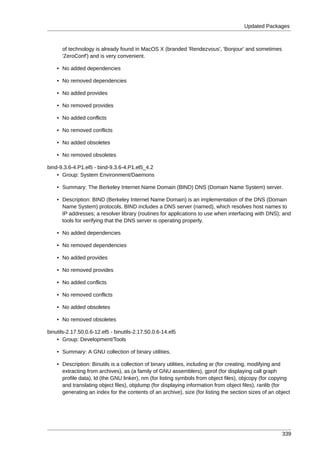 Updated Packages



      of technology is already found in MacOS X (branded 'Rendezvous', 'Bonjour' and sometimes
      'ZeroConf') and is very convenient.

    • No added dependencies

    • No removed dependencies

    • No added provides

    • No removed provides

    • No added conflicts

    • No removed conflicts

    • No added obsoletes

    • No removed obsoletes

bind-9.3.6-4.P1.el5 - bind-9.3.6-4.P1.el5_4.2
    • Group: System Environment/Daemons

    • Summary: The Berkeley Internet Name Domain (BIND) DNS (Domain Name System) server.

    • Description: BIND (Berkeley Internet Name Domain) is an implementation of the DNS (Domain
      Name System) protocols. BIND includes a DNS server (named), which resolves host names to
      IP addresses; a resolver library (routines for applications to use when interfacing with DNS); and
      tools for verifying that the DNS server is operating properly.

    • No added dependencies

    • No removed dependencies

    • No added provides

    • No removed provides

    • No added conflicts

    • No removed conflicts

    • No added obsoletes

    • No removed obsoletes

binutils-2.17.50.0.6-12.el5 - binutils-2.17.50.0.6-14.el5
    • Group: Development/Tools

    • Summary: A GNU collection of binary utilities.

    • Description: Binutils is a collection of binary utilities, including ar (for creating, modifying and
      extracting from archives), as (a family of GNU assemblers), gprof (for displaying call graph
      profile data), ld (the GNU linker), nm (for listing symbols from object files), objcopy (for copying
      and translating object files), objdump (for displaying information from object files), ranlib (for
      generating an index for the contents of an archive), size (for listing the section sizes of an object




                                                                                                       339
 