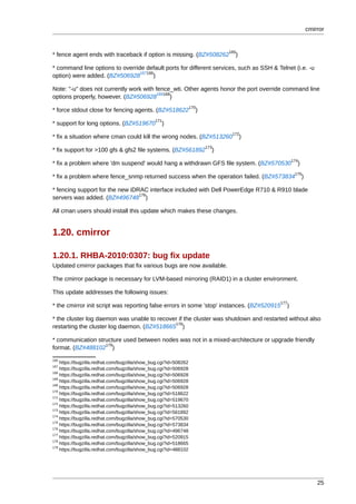 cmirror


                                                                              165
* fence agent ends with traceback if option is missing. (BZ#508262              )

* command line options to override default ports for different services, such as SSH & Telnet (i.e. -u
                                 167166
option) were added. (BZ#506928         )

Note: "-u" does not currently work with fence_wti. Other agents honor the port override command line
                                         169168
options properly, however. (BZ#506928          )
                                                                  170
* force stdout close for fencing agents. (BZ#518622                 )
                                               171
* support for long options. (BZ#519670            )
                                                                               172
* fix a situation where cman could kill the wrong nodes. (BZ#513260                 )
                                                                        173
* fix support for >100 gfs & gfs2 file systems. (BZ#561892                )
                                                                                                  174
* fix a problem where 'dm suspend' would hang a withdrawn GFS file system. (BZ#570530               )
                                                                                                   175
* fix a problem where fence_snmp returned success when the operation failed. (BZ#573834                 )

* fencing support for the new iDRAC interface included with Dell PowerEdge R710 & R910 blade
                                 176
servers was added. (BZ#496748 )

All cman users should install this update which makes these changes.


1.20. cmirror

1.20.1. RHBA-2010:0307: bug fix update
Updated cmirror packages that fix various bugs are now available.

The cmirror package is necessary for LVM-based mirroring (RAID1) in a cluster environment.

This update addresses the following issues:
                                                                                            177
* the cmirror init script was reporting false errors in some 'stop' instances. (BZ#520915     )

* the cluster log daemon was unable to recover if the cluster was shutdown and restarted without also
                                             178
restarting the cluster log daemon. (BZ#518665 )

* communication structure used between nodes was not in a mixed-architecture or upgrade friendly
                   179
format. (BZ#488102 )
165
    https://bugzilla.redhat.com/bugzilla/show_bug.cgi?id=508262
167
    https://bugzilla.redhat.com/bugzilla/show_bug.cgi?id=506928
166
    https://bugzilla.redhat.com/bugzilla/show_bug.cgi?id=506928
169
    https://bugzilla.redhat.com/bugzilla/show_bug.cgi?id=506928
168
    https://bugzilla.redhat.com/bugzilla/show_bug.cgi?id=506928
170
    https://bugzilla.redhat.com/bugzilla/show_bug.cgi?id=518622
171
    https://bugzilla.redhat.com/bugzilla/show_bug.cgi?id=519670
172
    https://bugzilla.redhat.com/bugzilla/show_bug.cgi?id=513260
173
    https://bugzilla.redhat.com/bugzilla/show_bug.cgi?id=561892
174
    https://bugzilla.redhat.com/bugzilla/show_bug.cgi?id=570530
175
    https://bugzilla.redhat.com/bugzilla/show_bug.cgi?id=573834
176
    https://bugzilla.redhat.com/bugzilla/show_bug.cgi?id=496748
177
    https://bugzilla.redhat.com/bugzilla/show_bug.cgi?id=520915
178
    https://bugzilla.redhat.com/bugzilla/show_bug.cgi?id=518665
179
    https://bugzilla.redhat.com/bugzilla/show_bug.cgi?id=488102




                                                                                                                25
 