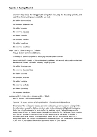 Appendix A. Package Manifest



        or archive file), strings (for listing printable strings from files), strip (for discarding symbols), and
        addr2line (for converting addresses to file and line).

      • No added dependencies

      • No removed dependencies

      • No added provides

      • No removed provides

      • No added conflicts

      • No removed conflicts

      • No added obsoletes

      • No removed obsoletes

bogl-0.1.18-11.2.1.el5.1 - bogl-0.1.18-13.el5
    • Group: System Environment/Libraries

      • Summary: A terminal program for displaying Unicode on the console.

      • Description: BOGL stands for Ben's Own Graphics Library. It is a small graphics library for Linux
        kernel frame buffers. It supports only very simple graphics.

      • No added dependencies

      • No removed dependencies

      • No added provides

      • No removed provides

      • No added conflicts

      • No removed conflicts

      • No added obsoletes

      • No removed obsoletes

bootparamd-0.17-24.devel.2.1 - bootparamd-0.17-26.el5
   • Group: System Environment/Daemons

      • Summary: A server process which provides boot information to diskless clients.

      • Description: The bootparamd process provides bootparamd, a server process which provides
        the information needed by diskless clients in order for them to successfully boot. Bootparamd
        looks first in /etc/bootparams for an entry for that particular client; if a local bootparams file
        doesn't exist, it looks at the appropriate Network Information Service (NIS) map. Some network
        boot loaders (notably Sun's) rely on special boot server code on the server, in addition to
        the RARP and TFTP servers. This bootparamd server process is compatible with SunOS
        bootparam clients and servers which need that boot server code. You should install bootparamd
        if you need to provide boot information to diskless clients on your network.




340
 