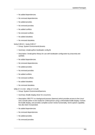 Updated Packages



   • No added dependencies

   • No removed dependencies

   • No added provides

   • No removed provides

   • No added conflicts

   • No removed conflicts

   • No added obsoletes

   • No removed obsoletes

booty-0.80.6-5 - booty-0.80.6-7
   • Group: System Environment/Libraries

   • Summary: simple python bootloader config lib

   • Description: Small python library for use with bootloader configuration by anaconda and
     up2date.

   • No added dependencies

   • No removed dependencies

   • No added provides

   • No removed provides

   • No added conflicts

   • No removed conflicts

   • No added obsoletes

   • No removed obsoletes

brltty-3.7.2-1.fc6 - brltty-3.7.2-4.el5
     • Group: System Environment/Daemons

   • Summary: Braille display driver for Linux/Unix.

   • Description: BRLTTY is a background process (daemon) which provides access to the Linux/
     Unix console (when in text mode) for a blind person using a refreshable braille display. It drives
     the braille display, and provides complete screen review functionality. Some speech capability
     has also been incorporated.

   • No added dependencies

   • No removed dependencies

   • No added provides

   • No removed provides




                                                                                                    341
 