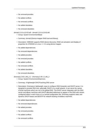 Updated Packages



    • No removed provides

    • No added conflicts

    • No removed conflicts

    • No added obsoletes

    • No removed obsoletes

dmraid-1.0.0.rc13-53.el5 - dmraid-1.0.0.rc13-63.el5
   • Group: System Environment/Base

    • Summary: dmraid (Device-mapper RAID tool and library)

    • Description: DMRAID supports RAID device discovery, RAID set activation and display of
      properties for ATARAID on Linux >= 2.4 using device-mapper.

    • No added dependencies

    • No removed dependencies

    • No added provides

    • No removed provides

    • No added conflicts

    • No removed conflicts

    • No added obsoletes

    • No removed obsoletes

dnsmasq-2.45-1.el5_2.1 - dnsmasq-2.45-1.1.el5_3
   • Group: System Environment/Daemons

    • Summary: A lightweight DHCP/caching DNS server

    • Description: Dnsmasq is lightweight, easy to configure DNS forwarder and DHCP server. It is
      designed to provide DNS and, optionally, DHCP, to a small network. It can serve the names
      of local machines which are not in the global DNS. The DHCP server integrates with the DNS
      server and allows machines with DHCP-allocated addresses to appear in the DNS with names
      configured either in each host or in a central configuration file. Dnsmasq supports static and
      dynamic DHCP leases and BOOTP for network booting of diskless machines.

    • No added dependencies

    • No removed dependencies

    • No added provides

    • No removed provides

    • No added conflicts

    • No removed conflicts




                                                                                                  353
 