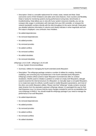 Updated Packages



    • Description: Dstat is a versatile replacement for vmstat, iostat, netstat and ifstat. Dstat
      overcomes some of their limitations and adds some extra features, more counters and flexibility.
      Dstat is handy for monitoring systems during performance tuning tests, benchmarks or
      troubleshooting. Dstat allows you to view all of your system resources instantly, you can eg.
      compare disk usage in combination with interrupts from your IDE controller, or compare the
      network bandwidth numbers directly with the disk throughput (in the same interval). Dstat gives
      you detailed selective information in columns and clearly indicates in what magnitude and unit
      the output is displayed. Less confusion, less mistakes.

    • No added dependencies

    • No removed dependencies

    • No added provides

    • No removed provides

    • No added conflicts

    • No removed conflicts

    • No added obsoletes

    • No removed obsoletes

e4fsprogs-1.41.5-3.el5 - e4fsprogs-1.41.9-3.el5
    • Group: System Environment/Base

    • Summary: Utilities for managing the fourth extended (ext4) filesystem

    • Description: The e4fsprogs package contains a number of utilities for creating, checking,
      modifying, and correcting any inconsistencies in the fourth extended (ext4) filesystem.
      E4fsprogs contains e4fsck (used to repair filesystem inconsistencies after an unclean
      shutdown), mke4fs (used to initialize a partition to contain an empty ext4 filesystem), debugfs
      (used to examine the internal structure of a filesystem, to manually repair a corrupted filesystem,
      or to create test cases for e4fsck), tune4fs (used to modify filesystem parameters), and most of
      the other core ext4fs filesystem utilities. Please note that "e4fsprogs" simply contains renamed
      static binaries from the equivalent upstream e2fsprogs release; it is packaged this way for Red
      Hat Enterprise Linux 5 to ensure that the many changes included for ext4 do not destabilize the
      core e2fsprogs in RHEL5. You should install the e4fsprogs package if you need to manage the
      performance of an ext4 filesystem.

    • No added dependencies

    • No removed dependencies

    • No added provides

    • No removed provides

    • No added conflicts

    • No removed conflicts

    • No added obsoletes




                                                                                                     355
 
