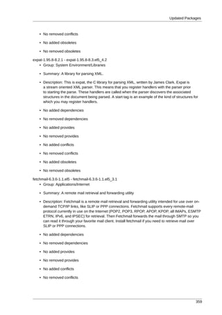 Updated Packages



    • No removed conflicts

    • No added obsoletes

    • No removed obsoletes

expat-1.95.8-8.2.1 - expat-1.95.8-8.3.el5_4.2
   • Group: System Environment/Libraries

    • Summary: A library for parsing XML.

    • Description: This is expat, the C library for parsing XML, written by James Clark. Expat is
      a stream oriented XML parser. This means that you register handlers with the parser prior
      to starting the parse. These handlers are called when the parser discovers the associated
      structures in the document being parsed. A start tag is an example of the kind of structures for
      which you may register handlers.

    • No added dependencies

    • No removed dependencies

    • No added provides

    • No removed provides

    • No added conflicts

    • No removed conflicts

    • No added obsoletes

    • No removed obsoletes

fetchmail-6.3.6-1.1.el5 - fetchmail-6.3.6-1.1.el5_3.1
    • Group: Applications/Internet

    • Summary: A remote mail retrieval and forwarding utility

    • Description: Fetchmail is a remote mail retrieval and forwarding utility intended for use over on-
      demand TCP/IP links, like SLIP or PPP connections. Fetchmail supports every remote-mail
      protocol currently in use on the Internet (POP2, POP3, RPOP, APOP, KPOP, all IMAPs, ESMTP
      ETRN, IPv6, and IPSEC) for retrieval. Then Fetchmail forwards the mail through SMTP so you
      can read it through your favorite mail client. Install fetchmail if you need to retrieve mail over
      SLIP or PPP connections.

    • No added dependencies

    • No removed dependencies

    • No added provides

    • No removed provides

    • No added conflicts

    • No removed conflicts




                                                                                                    359
 