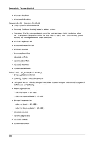 Appendix A. Package Manifest



      • No added obsoletes

      • No removed obsoletes

filesystem-2.4.0-2 - filesystem-2.4.0-3.el5
     • Group: System Environment/Base

      • Summary: The basic directory layout for a Linux system.

      • Description: The filesystem package is one of the basic packages that is installed on a Red
        Hat Linux system. Filesystem contains the basic directory layout for a Linux operating system,
        including the correct permissions for the directories.

      • No added dependencies

      • No removed dependencies

      • No added provides

      • No removed provides

      • No added conflicts

      • No removed conflicts

      • No added obsoletes

      • No removed obsoletes

firefox-3.0.12-1.el5_3 - firefox-3.0.18-1.el5_4
     • Group: Applications/Internet

      • Summary: Mozilla Firefox Web browser

      • Description: Mozilla Firefox is an open-source web browser, designed for standards compliance,
        performance and portability.

      • Added Dependencies:

        • xulrunner-devel >= 1.9.0.18-1

        • xulrunner-devel-unstable >= 1.9.0.18-1

      • Removed Dependencies:

        • xulrunner-devel >= 1.9.0.12-1

        • xulrunner-devel-unstable >= 1.9.0.12-1

      • No added provides

      • No removed provides

      • No added conflicts

      • No removed conflicts




360
 
