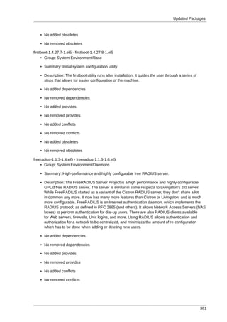 Updated Packages



    • No added obsoletes

    • No removed obsoletes

firstboot-1.4.27.7-1.el5 - firstboot-1.4.27.8-1.el5
     • Group: System Environment/Base

    • Summary: Initial system configuration utility

    • Description: The firstboot utility runs after installation. It guides the user through a series of
      steps that allows for easier configuration of the machine.

    • No added dependencies

    • No removed dependencies

    • No added provides

    • No removed provides

    • No added conflicts

    • No removed conflicts

    • No added obsoletes

    • No removed obsoletes

freeradius-1.1.3-1.4.el5 - freeradius-1.1.3-1.6.el5
    • Group: System Environment/Daemons

    • Summary: High-performance and highly configurable free RADIUS server.

    • Description: The FreeRADIUS Server Project is a high performance and highly configurable
      GPL'd free RADIUS server. The server is similar in some respects to Livingston's 2.0 server.
      While FreeRADIUS started as a variant of the Cistron RADIUS server, they don't share a lot
      in common any more. It now has many more features than Cistron or Livingston, and is much
      more configurable. FreeRADIUS is an Internet authentication daemon, which implements the
      RADIUS protocol, as defined in RFC 2865 (and others). It allows Network Access Servers (NAS
      boxes) to perform authentication for dial-up users. There are also RADIUS clients available
      for Web servers, firewalls, Unix logins, and more. Using RADIUS allows authentication and
      authorization for a network to be centralized, and minimizes the amount of re-configuration
      which has to be done when adding or deleting new users.

    • No added dependencies

    • No removed dependencies

    • No added provides

    • No removed provides

    • No added conflicts

    • No removed conflicts




                                                                                                           361
 