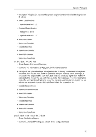 Updated Packages



    • Description: This package provides IB diagnostic programs and scripts needed to diagnose an
      IB subnet.

    • Added Dependencies:

      • opensm-devel >= 3.3.0

    • Removed Dependencies:

      • libibcommon-devel

      • opensm-devel >= 3.2.0

    • No added provides

    • No removed provides

    • No added conflicts

    • No removed conflicts

    • No added obsoletes

    • No removed obsoletes

inn-2.4.3-8.el5 - inn-2.4.3-9.el5
    • Group: System Environment/Daemons

    • Summary: The InterNetNews (INN) system, an Usenet news server.

    • Description: INN (InterNetNews) is a complete system for serving Usenet news and/or private
      newsfeeds. INN includes innd, an NNTP (NetNews Transport Protocol) server, and nnrpd, a
      newsreader that is spawned for each client. Both innd and nnrpd vary slightly from the NNTP
      protocol, but not in ways that are easily noticed. Install the inn package if you need a complete
      system for serving and reading Usenet news. You may also need to install inn-devel, if you are
      going to use a separate program which interfaces to INN, like newsgate or tin.

    • No added dependencies

    • No removed dependencies

    • No added provides

    • No removed provides

    • No added conflicts

    • No removed conflicts

    • No added obsoletes

    • No removed obsoletes

iproute-2.6.18-10.el5 - iproute-2.6.18-11.el5
    • Group: Applications/System

    • Summary: Advanced IP routing and network device configuration tools.




                                                                                                     371
 