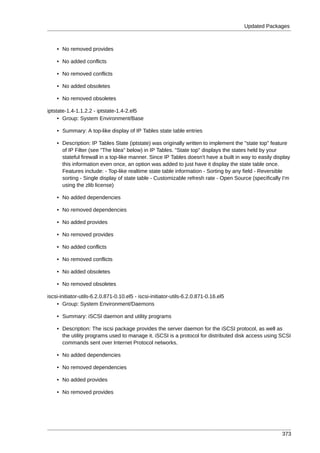 Updated Packages



    • No removed provides

    • No added conflicts

    • No removed conflicts

    • No added obsoletes

    • No removed obsoletes

iptstate-1.4-1.1.2.2 - iptstate-1.4-2.el5
     • Group: System Environment/Base

    • Summary: A top-like display of IP Tables state table entries

    • Description: IP Tables State (iptstate) was originally written to implement the "state top" feature
      of IP Filter (see "The Idea" below) in IP Tables. "State top" displays the states held by your
      stateful firewall in a top-like manner. Since IP Tables doesn't have a built in way to easily display
      this information even once, an option was added to just have it display the state table once.
      Features include: - Top-like realtime state table information - Sorting by any field - Reversible
      sorting - Single display of state table - Customizable refresh rate - Open Source (specifically I'm
      using the zlib license)

    • No added dependencies

    • No removed dependencies

    • No added provides

    • No removed provides

    • No added conflicts

    • No removed conflicts

    • No added obsoletes

    • No removed obsoletes

iscsi-initiator-utils-6.2.0.871-0.10.el5 - iscsi-initiator-utils-6.2.0.871-0.16.el5
    • Group: System Environment/Daemons

    • Summary: iSCSI daemon and utility programs

    • Description: The iscsi package provides the server daemon for the iSCSI protocol, as well as
      the utility programs used to manage it. iSCSI is a protocol for distributed disk access using SCSI
      commands sent over Internet Protocol networks.

    • No added dependencies

    • No removed dependencies

    • No added provides

    • No removed provides




                                                                                                       373
 